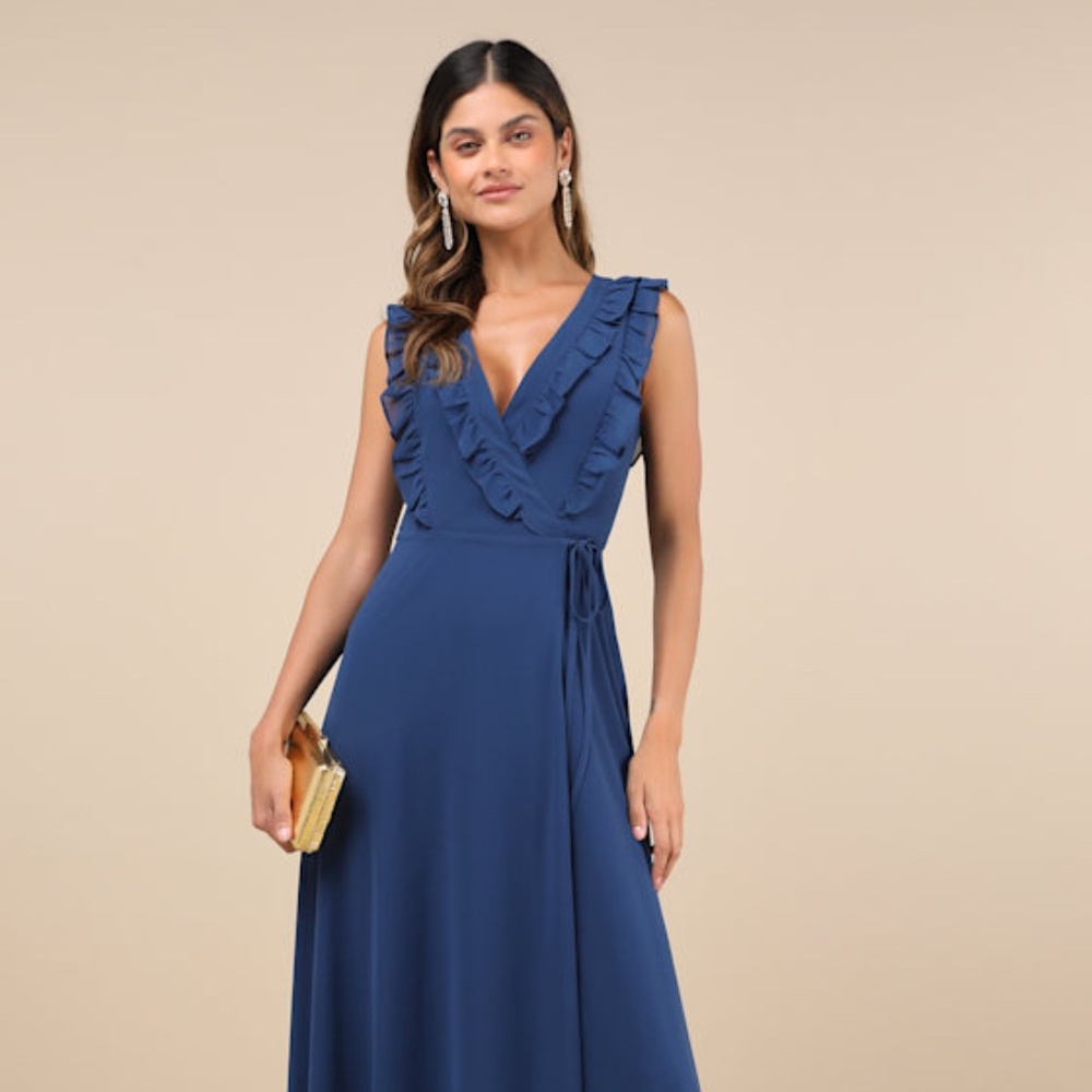 Lulus Major Elegance Blue Sleeveless Ruffled Wrap Maxi Dress - Size XS